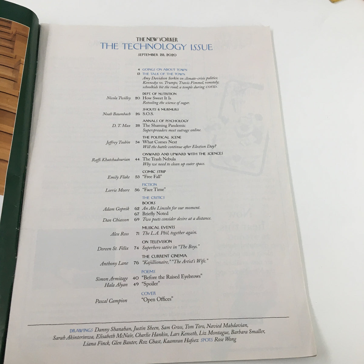 The contents page of The New Yorker Magazine September 28 2020, highlighted as the Technology Issue, featuring titles and contributors including 'Open Office' by Pascal Campion.
