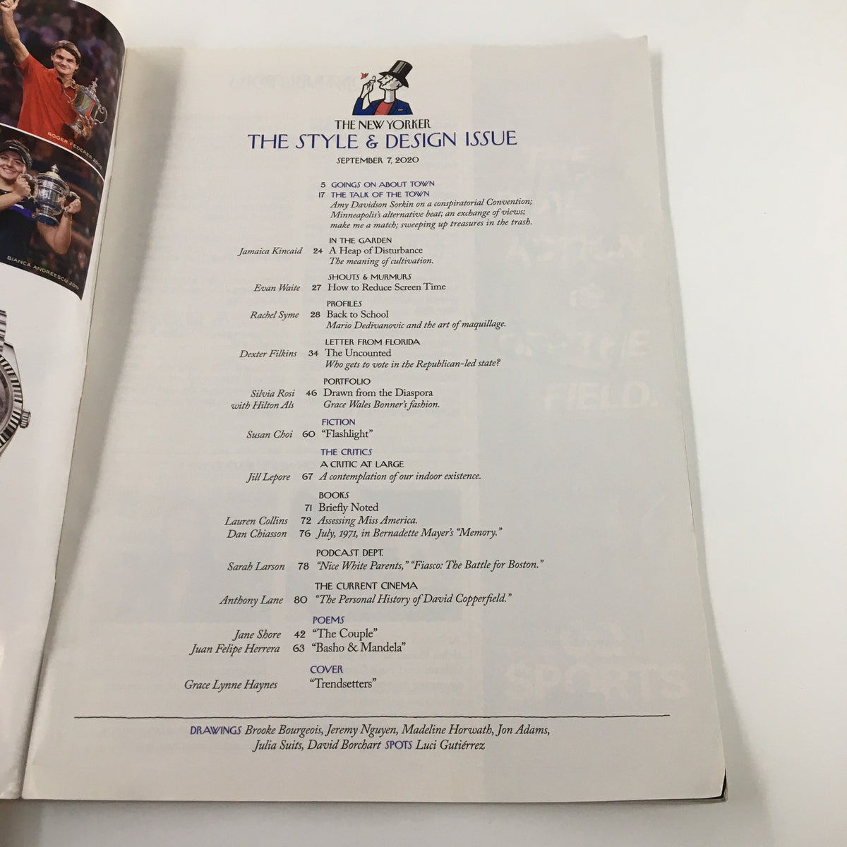 Interior page of The New Yorker Magazine September 7 2020 displaying the contents and features of The Style & Design Issue.
