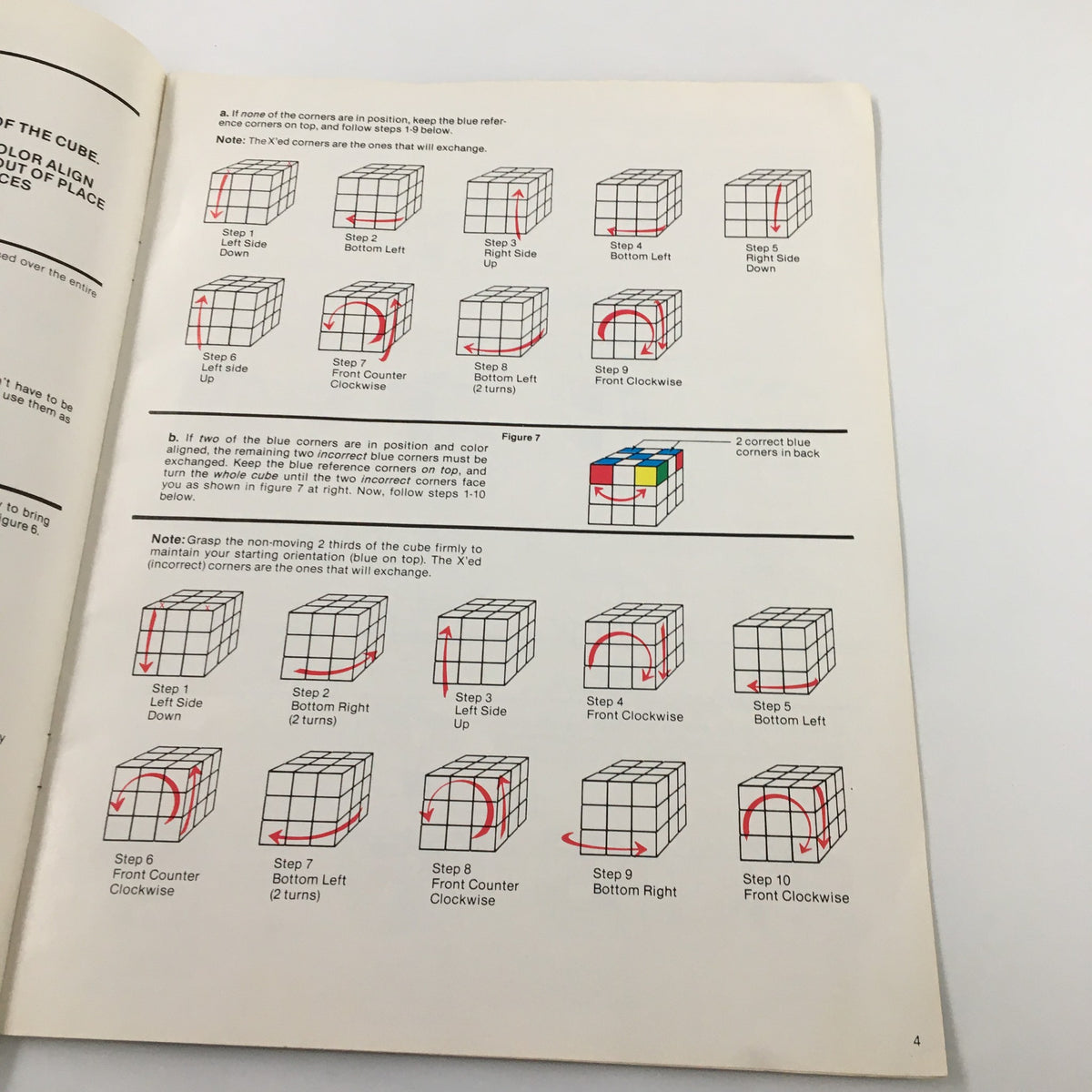 Illustration depicting cube corner turning steps for Rubik's Cube solving strategies from the '1981 Rubik's Cube: The Ideal Solution' magazine by Ideal Toy Corporation.