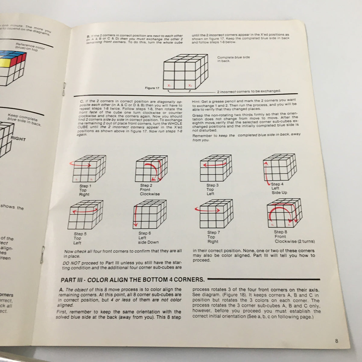 Detailed instructions for aligning the bottom four corners of the Rubik's Cube from the '1981 Rubik's Cube: The Ideal Solution' magazine by Ideal Toy Corporation.