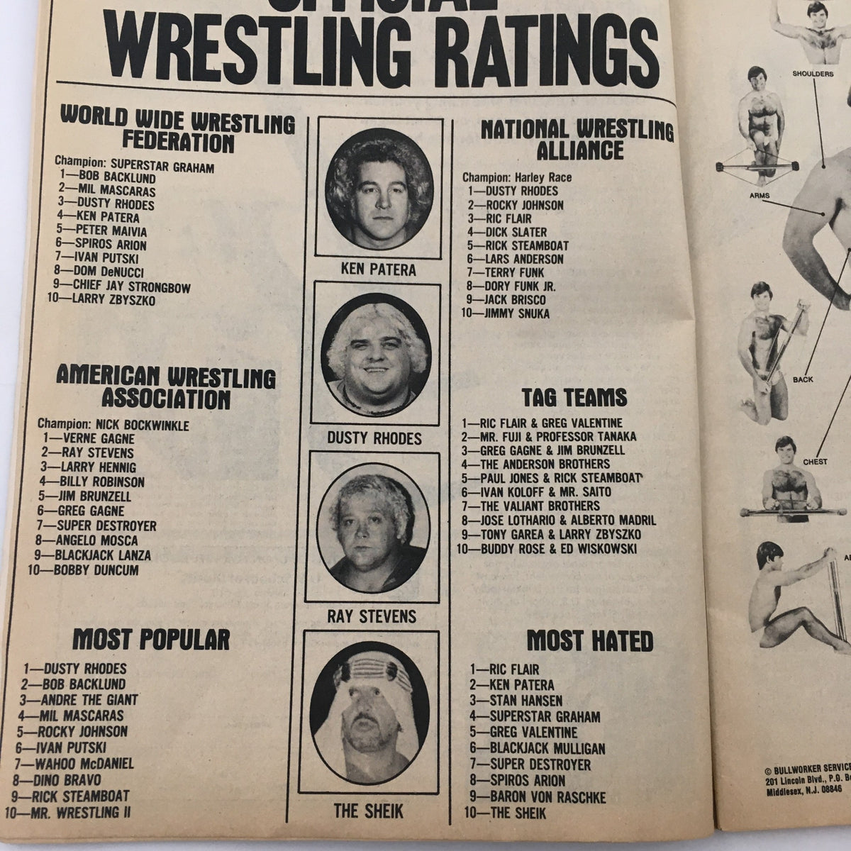Official wrestling ratings from The Wrestler Magazine March 1978 listing top wrestlers and tag teams, featuring Ken Patera and Dusty Rhodes.