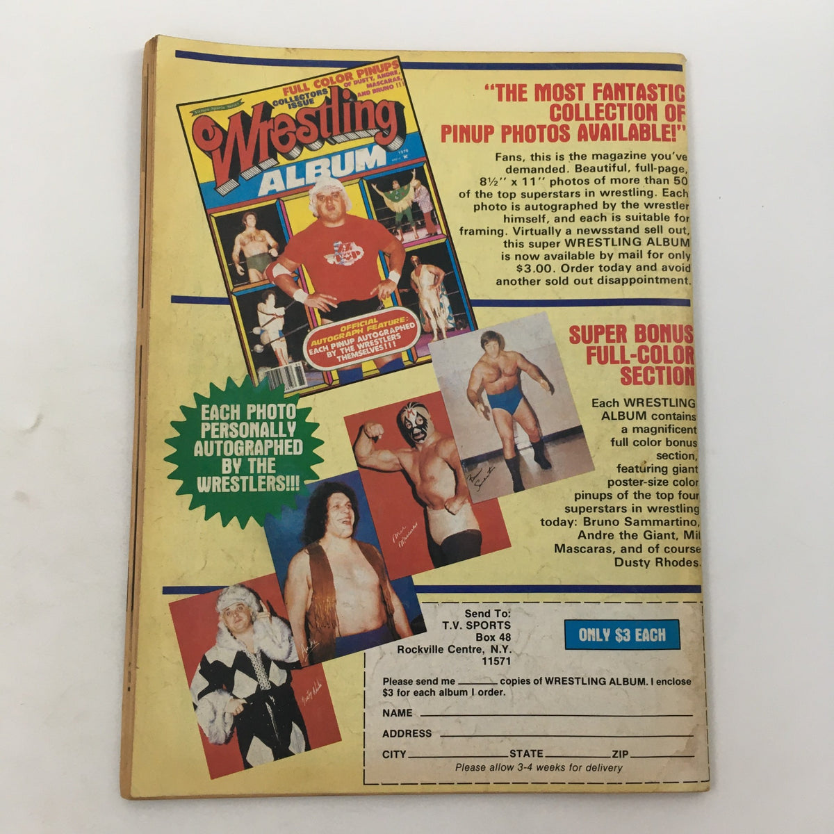 Back cover of Inside Wrestling Magazine March 1980, promoting wrestling pinup photo albums and featuring various wrestlers.