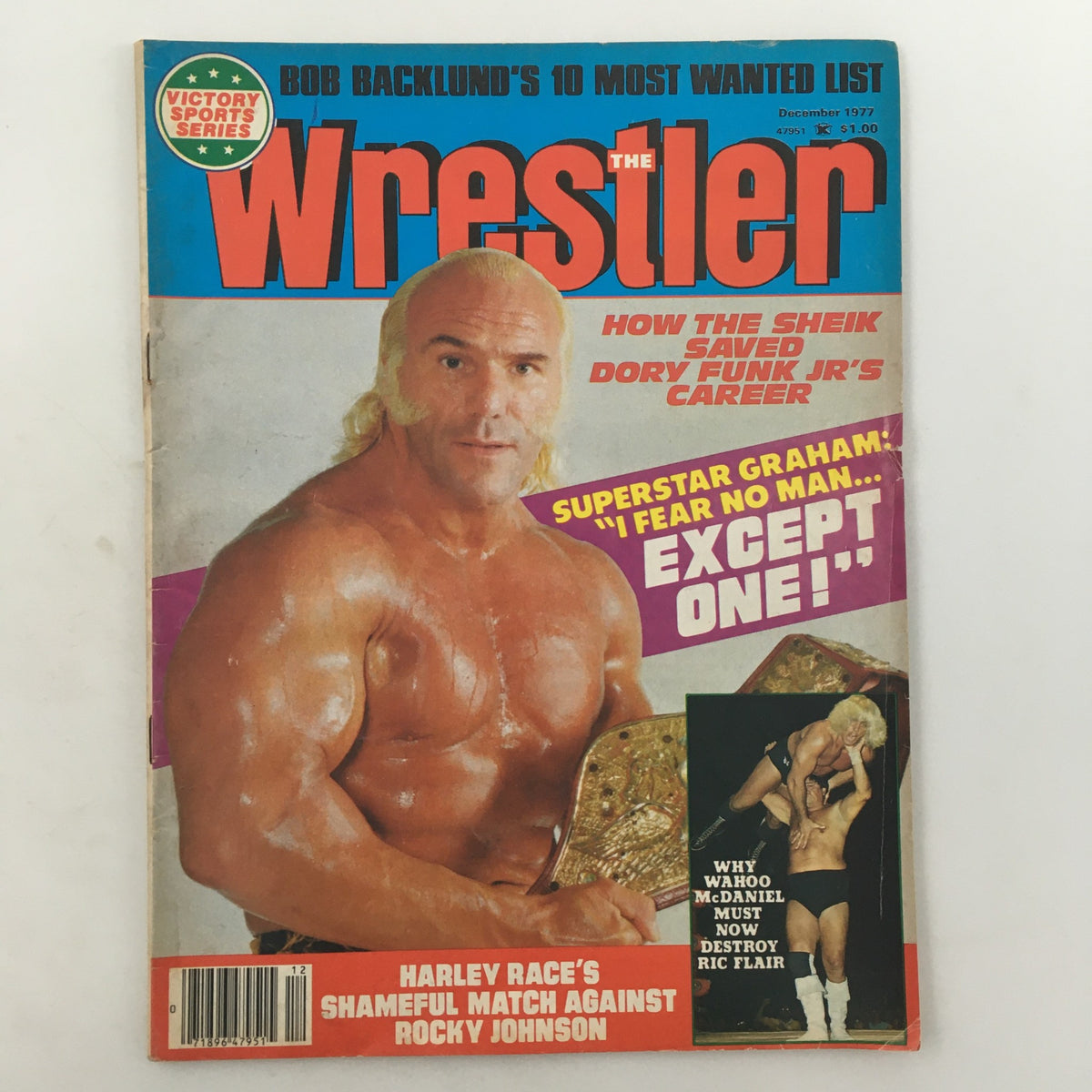 The Wrestler Magazine December 1977 cover featuring Superstar Billy Graham holding a championship belt, showcasing wrestling's vibrant era and iconic personalities.