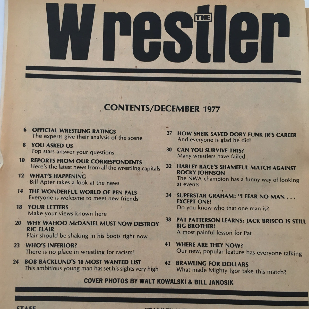 The Wrestler Magazine December 1977 contents page highlighting various articles, including features on wrestling ratings, reader letters, and the wrestling scene of the late 1970s.