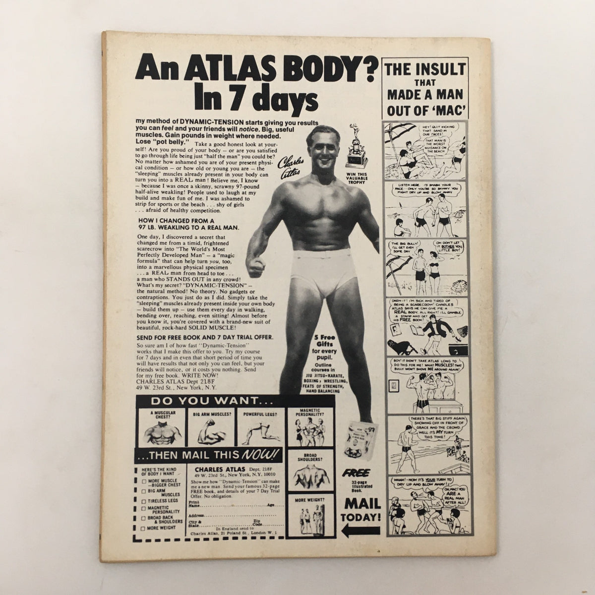 Back cover of The Wrestler Magazine June 1977 featuring an ad for Charles Atlas, highlighting fitness and bodybuilding offers.