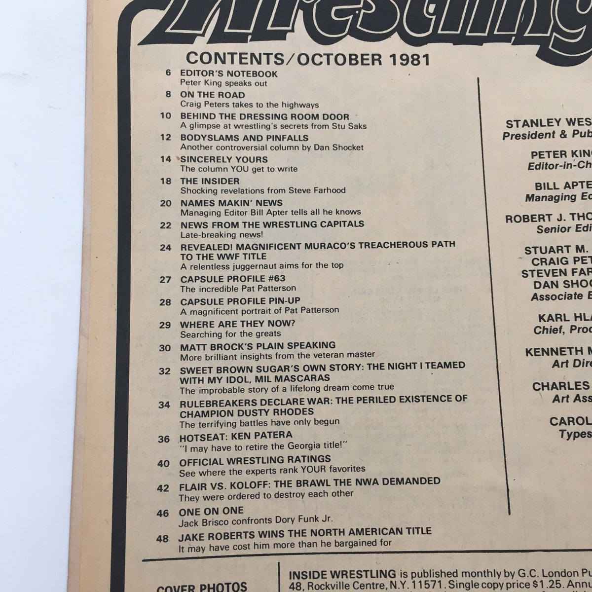 Contents page of Inside Wrestling Magazine, October 1981, detailing articles and features including Ric Flair vs Ivan Koloff and other wrestling insights.