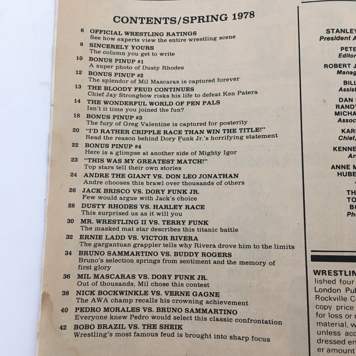 Contents page for Wrestling Magazine Spring 1978 showcasing wrestling match highlights and articles, including 'This Was My Greatest Match!' featuring insights from top wrestling stars like Andre the Giant.