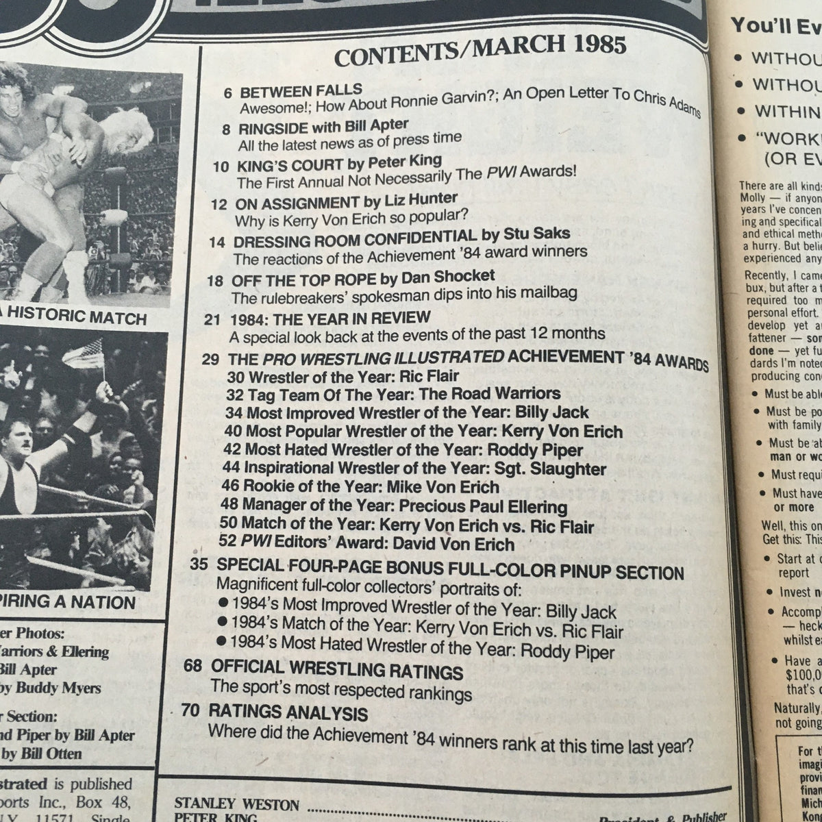 Contents page of Pro Wrestling Illustrated Magazine March 1985 featuring articles and highlights from the wrestling world, including awards and notable matches.