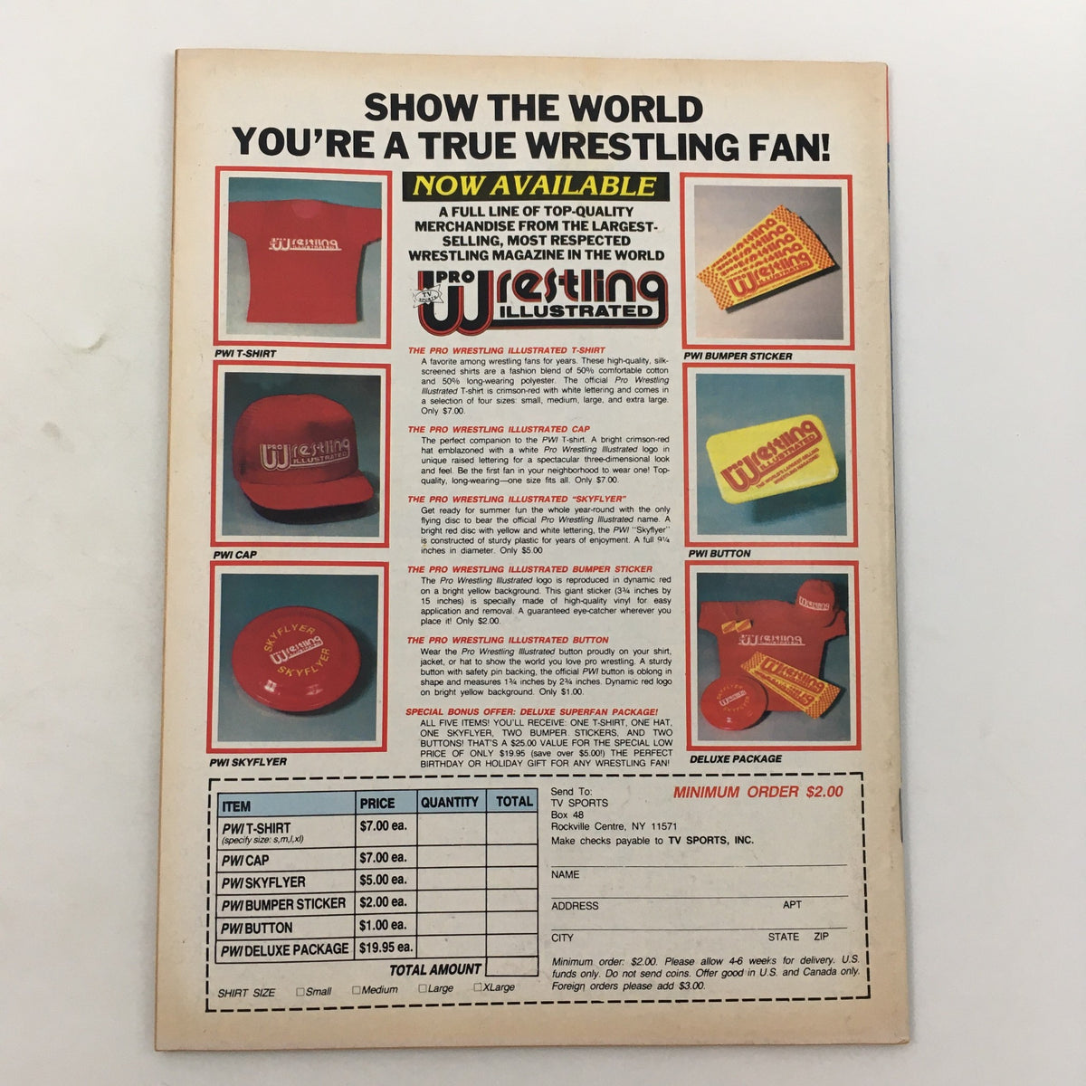 Back cover of Pro Wrestling Illustrated Magazine March 1985 featuring various wrestling merchandise including T-shirts, caps, stickers, and buttons.