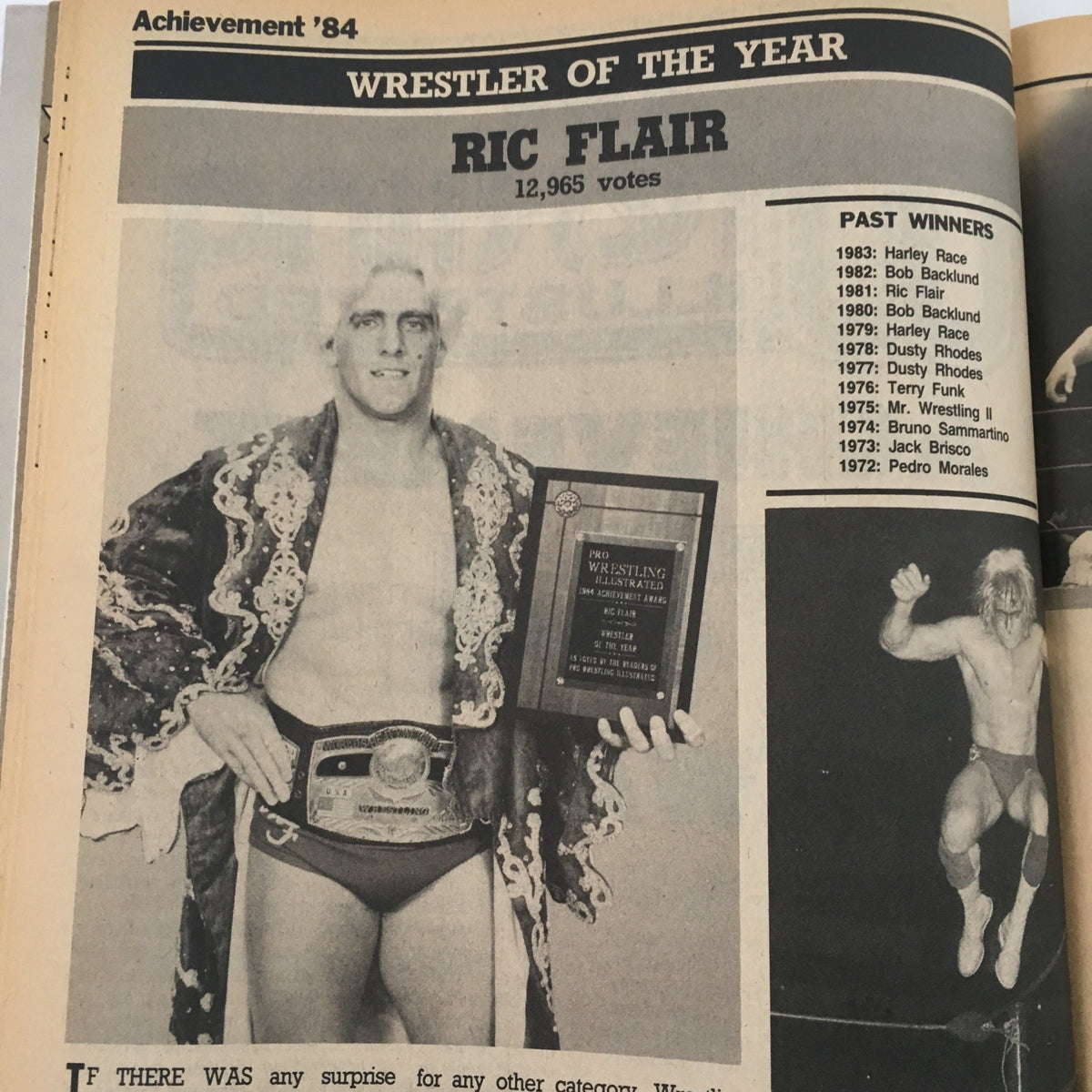 Page from Pro Wrestling Illustrated Magazine March 1985 showcasing Ric Flair as Wrestler of the Year with a trophy, highlighting historical wrestling achievements.