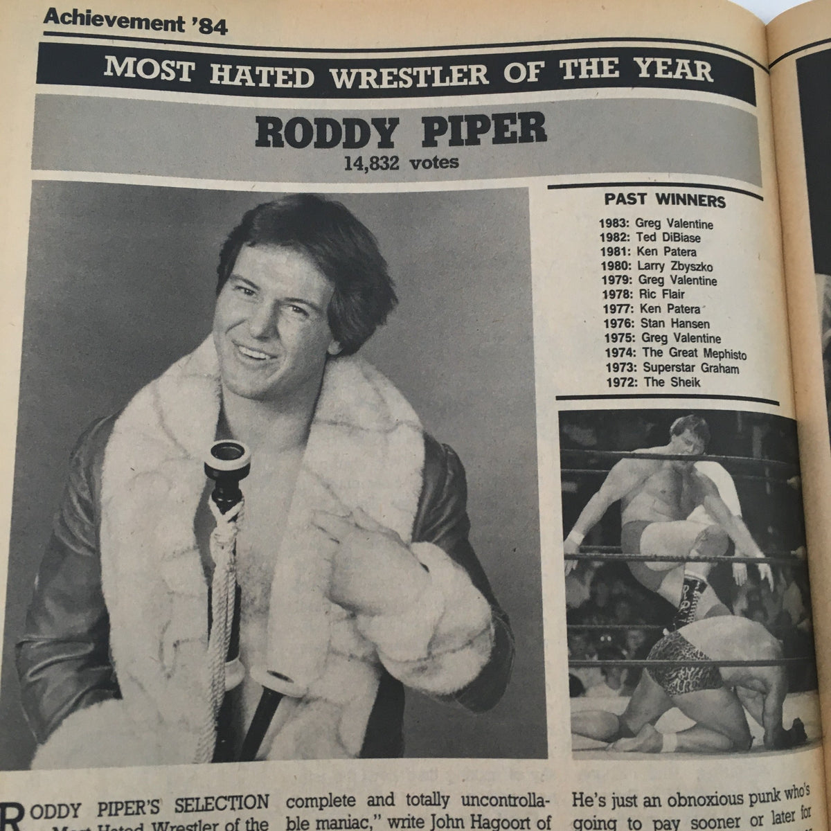 Page from Pro Wrestling Illustrated Magazine March 1985 featuring Roddy Piper as Most Hated Wrestler of the Year, detailing his recognition in wrestling history.