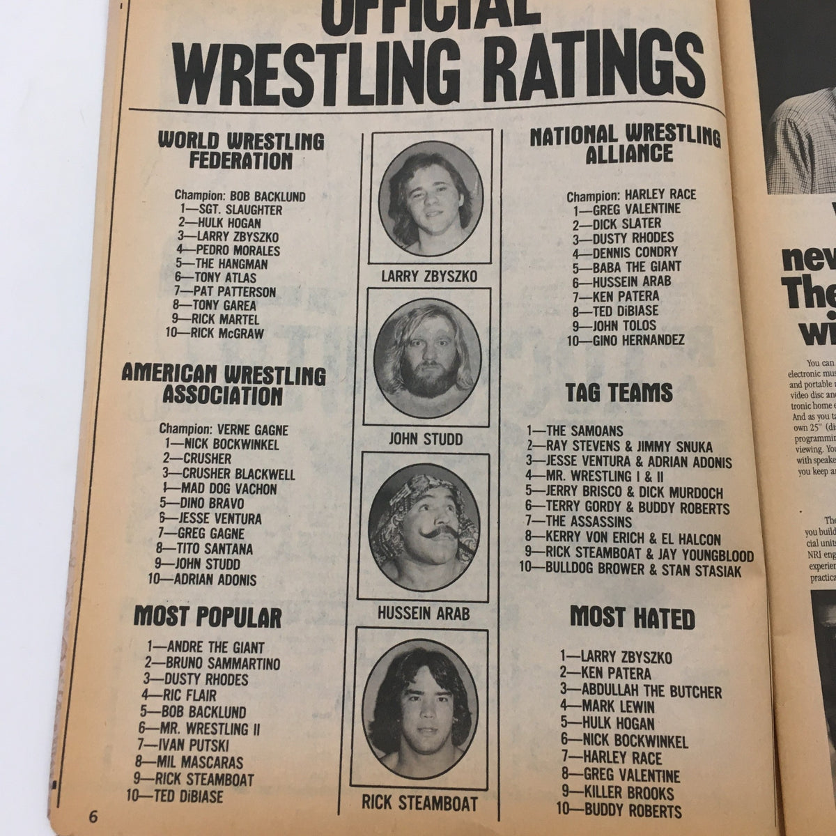Official wrestling ratings page from Sports Review Wrestling Magazine January 1981 showing rankings of wrestlers and tag teams.