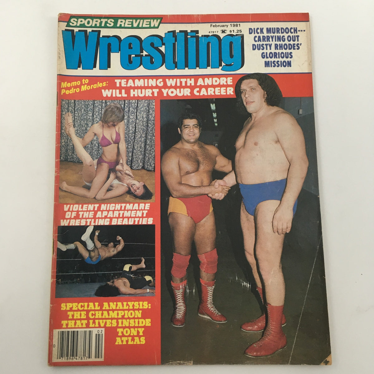 Sports Review Wrestling Magazine February 1981 cover featuring Pedro Morales and Andre the Giant, showcasing highlighted articles and a vintage wrestling aesthetic.