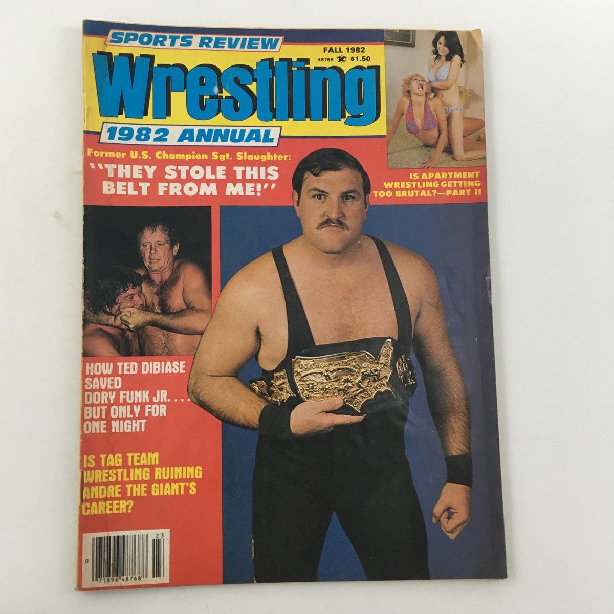 Cover of Sports Review Wrestling Magazine Fall 1982 featuring Andre the Giant and Sgt. Slaughter with dramatic headlines and images reflecting wrestling history.