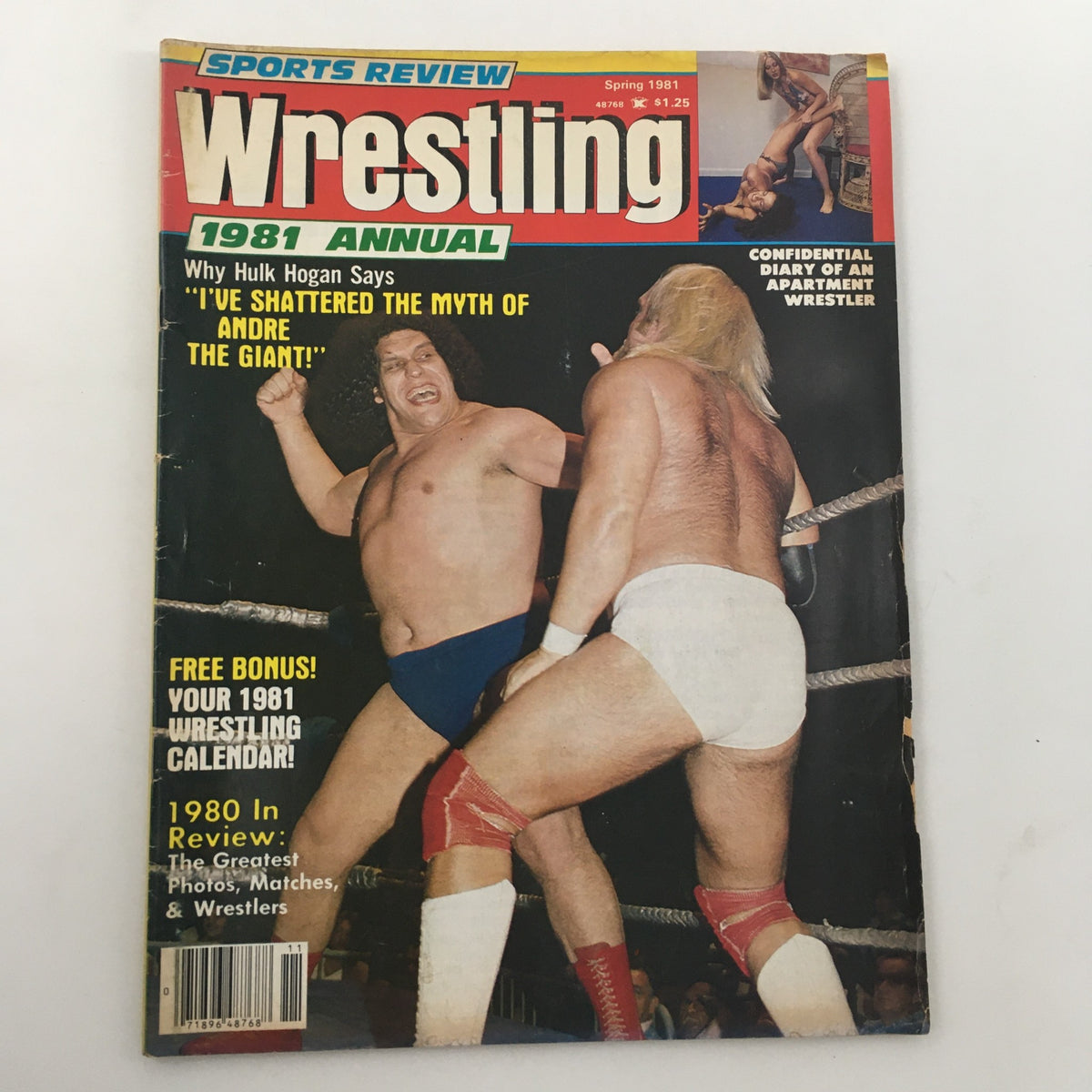 Cover of Sports Review Wrestling Magazine Spring 1981 featuring Andre the Giant vs Hulk Hogan, showcasing the iconic wrestling match and vintage wrestling culture.