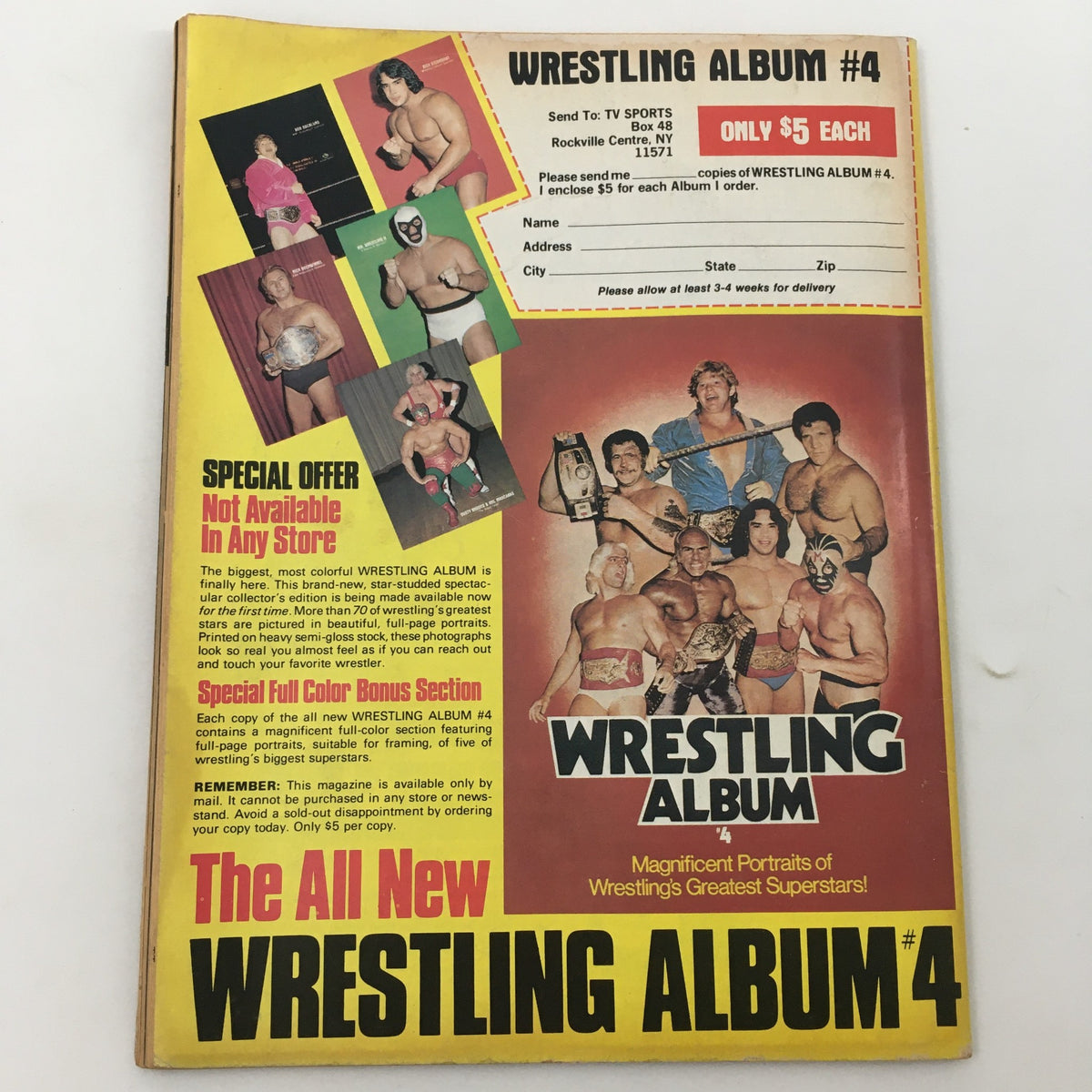 Back cover of Sports Review Wrestling Magazine Spring 1981 promoting Wrestling Album #4, featuring notable wrestling superstars and a special offer.