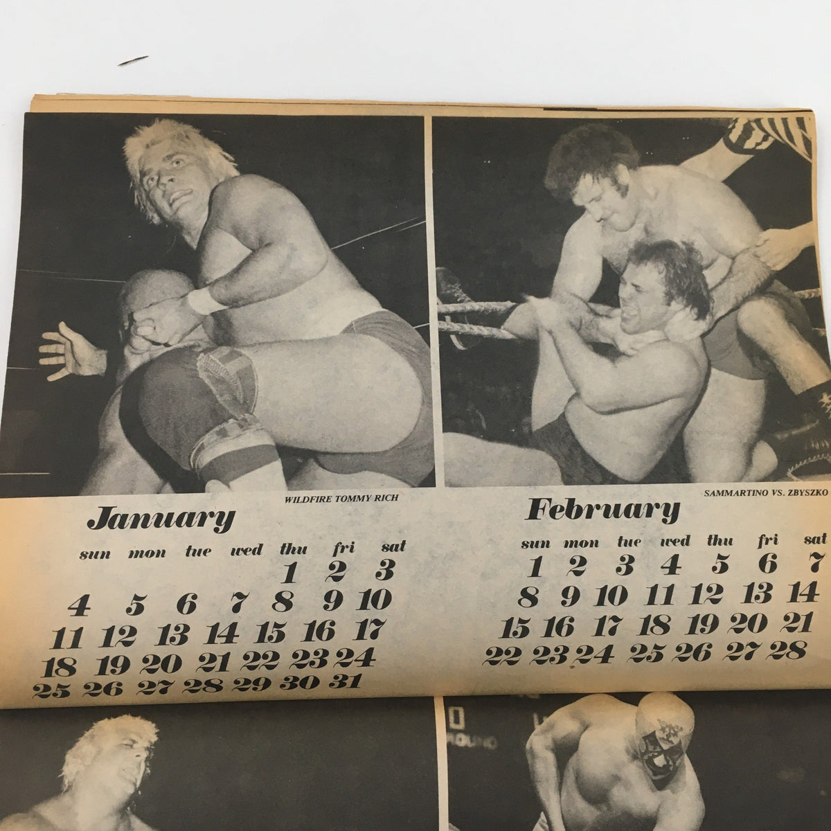 Inside pages of Sports Review Wrestling Magazine Spring 1981, featuring images of Wildfire Tommy Rich and a wrestling match between Sammartino and Zbyszko, highlighting iconic moments in wrestling history.