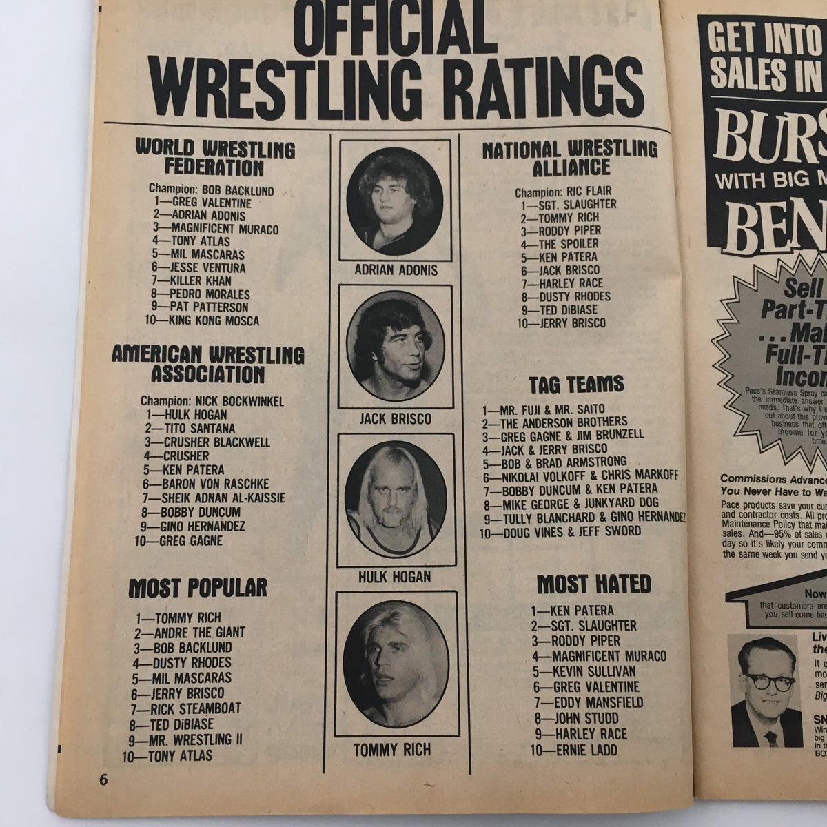 Official wrestling ratings from Sports Review Wrestling Magazine March 1982 featuring Greg Valentine, Adrian Adonis, and Hulk Hogan.
