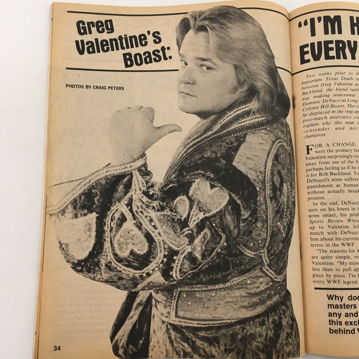 Greg Valentine featured in Sports Review Wrestling Magazine March 1982, showcasing his signature pose and style.