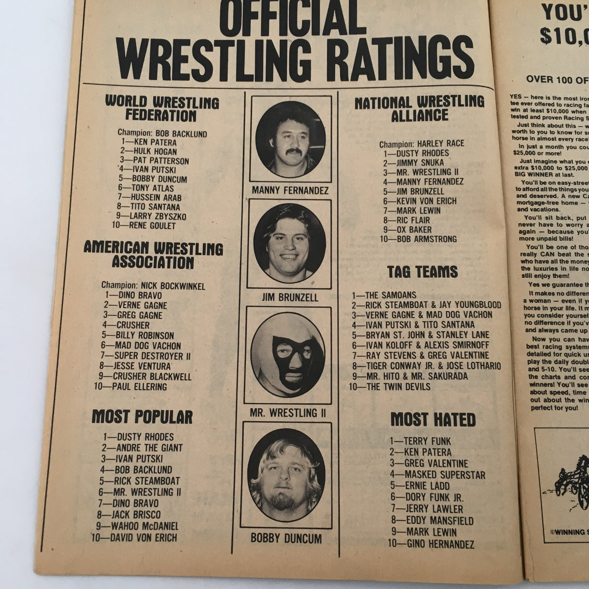 Page from WWF Wrestling Magazine Summer 1980 displaying official wrestling ratings including top wrestlers from various organizations.