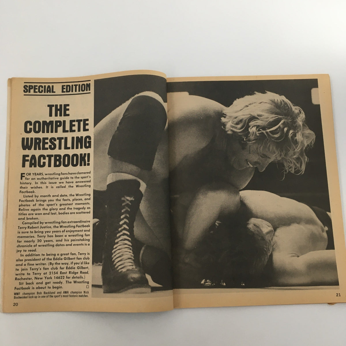 Interior page from WWF Wrestling Magazine Summer 1980 featuring a wrestling match with an image of two wrestlers in action. This issue highlights the legendary Andre the Giant and Mil Mascaras, showcasing pivotal moments in wrestling history.