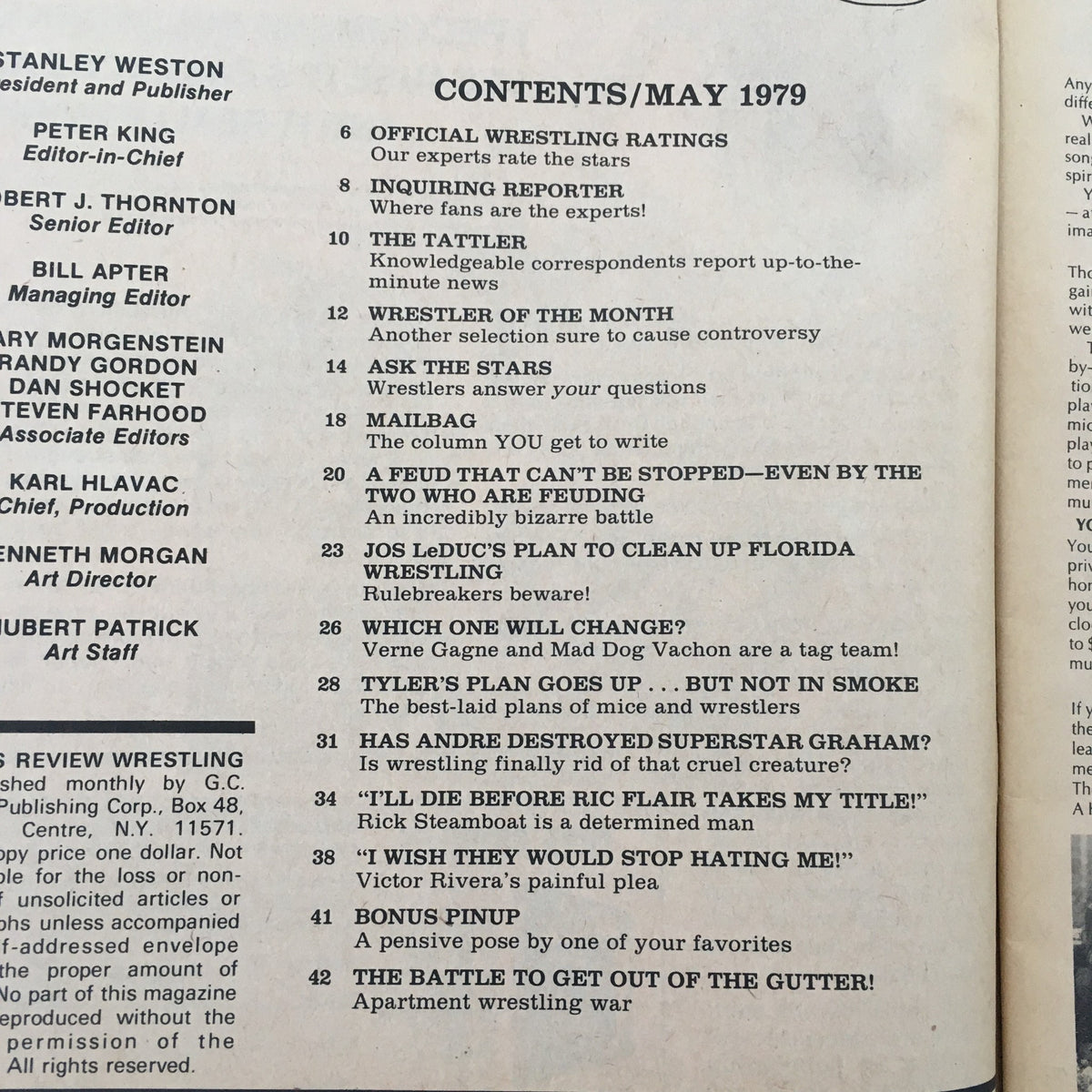 Contents page of Sports Review Wrestling Magazine May 1979, listing articles including the feature on Andre the Giant and Billy Graham.