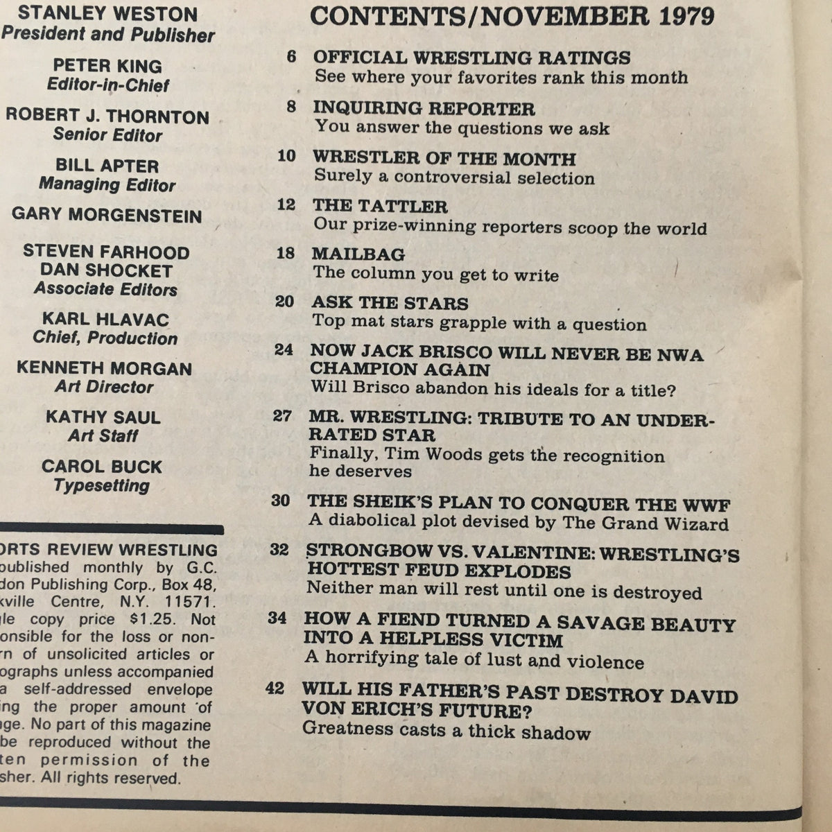 Table of contents from Sports Review Wrestling Magazine November 1979, detailing articles and features including highlights on Jay Strongbow vs. Greg Valentine.