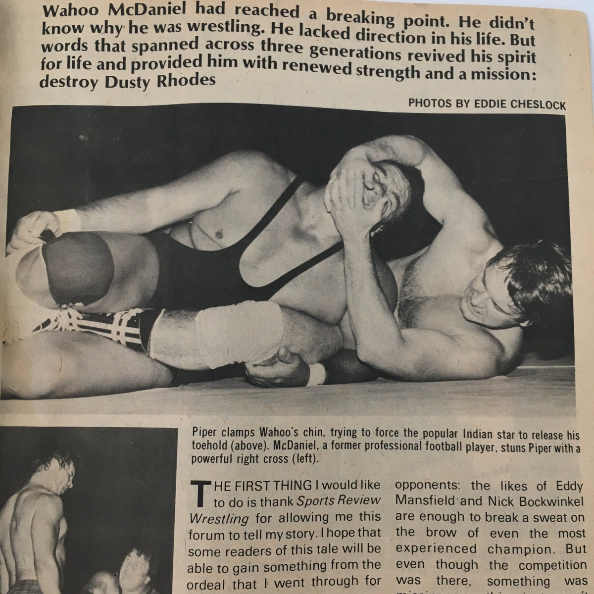 Wahoo McDaniel in a wrestling hold with Piper during a match, revealing insights into his wrestling journey. Sports Review Wrestling Magazine November 1981.