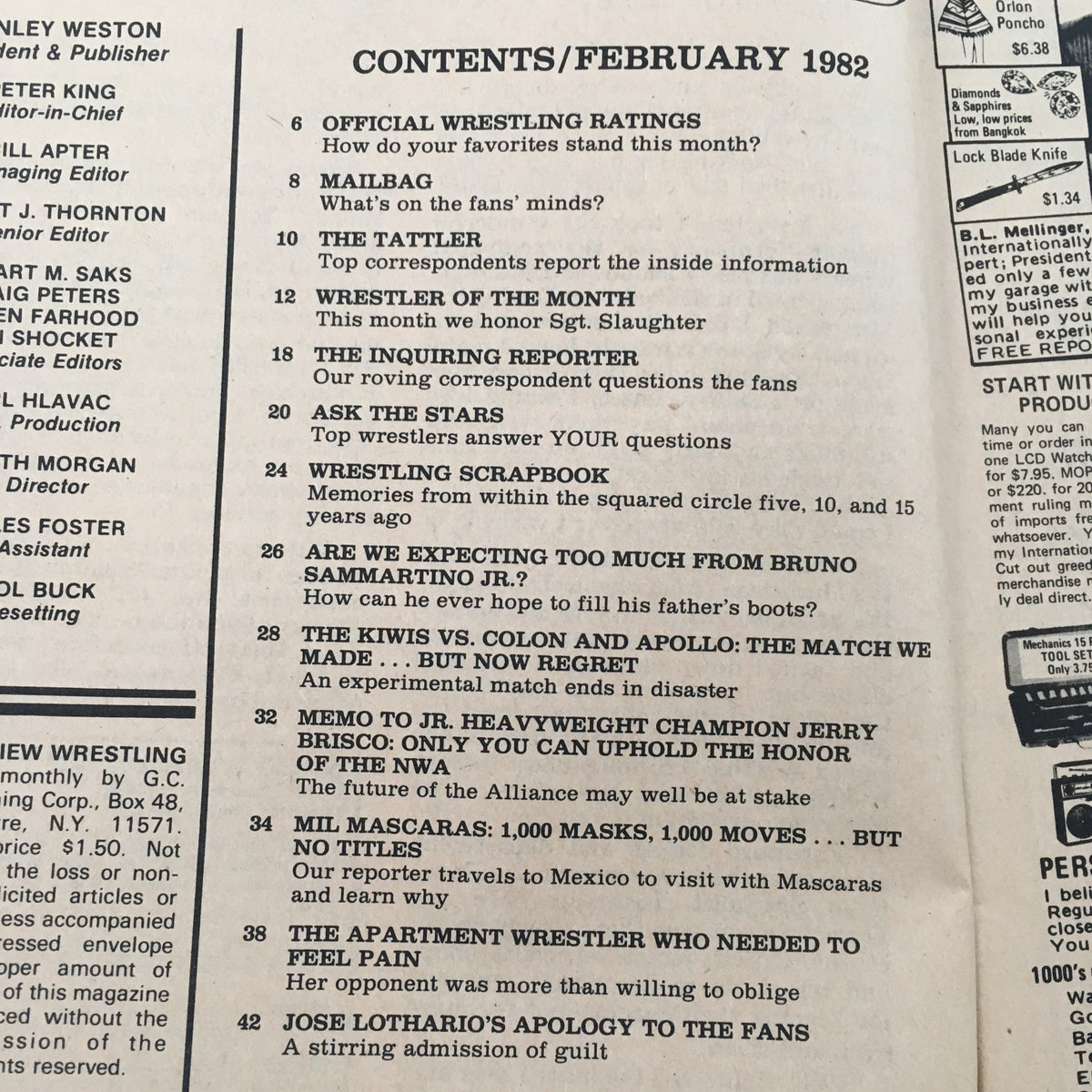 Contents page of Sports Review Wrestling Magazine, February 1982, featuring sections such as official wrestling ratings, wrestler of the month honors, and highlights the match between The Kiwis and Colon and Apollo, reflecting the wrestling culture of the era.