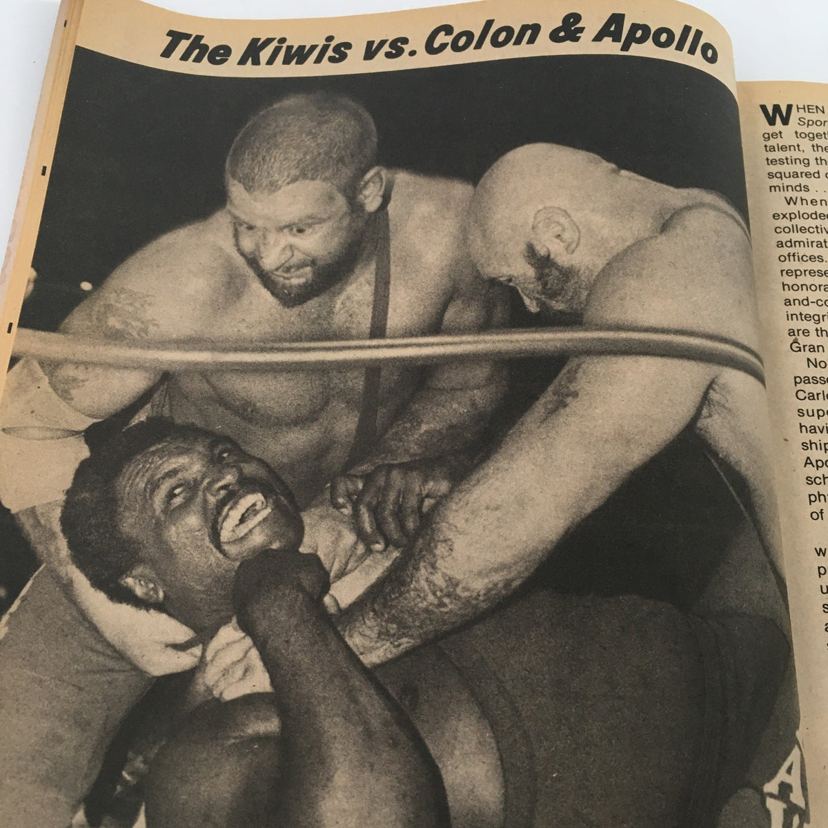 Action shot from the Sports Review Wrestling Magazine February 1982 depicting the intense match between The Kiwis and Colon & Apollo, showcasing wrestling at its peak in the early 1980s.