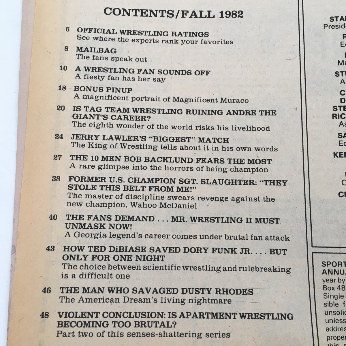 Table of contents page from Sports Review Wrestling Magazine Fall 1982 highlighting key articles including Ted DiBiase's rescue of Dory Funk Jr.