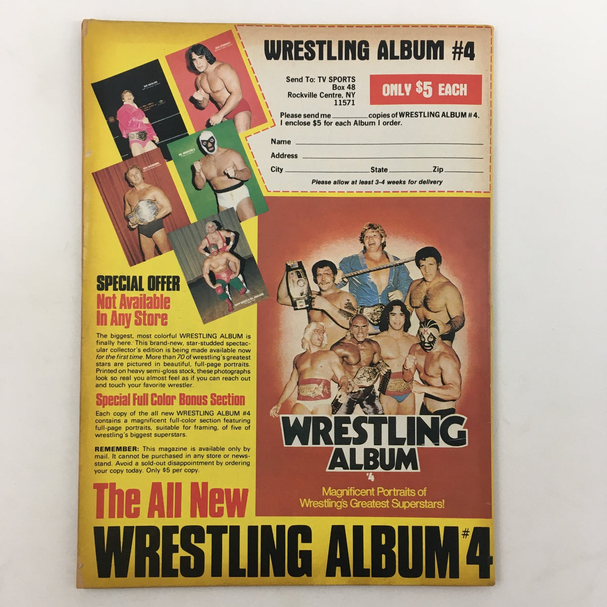 Back cover of Sports Review Wrestling Magazine Fall 1982 promoting Wrestling Album #4 with images of wrestling superstars.