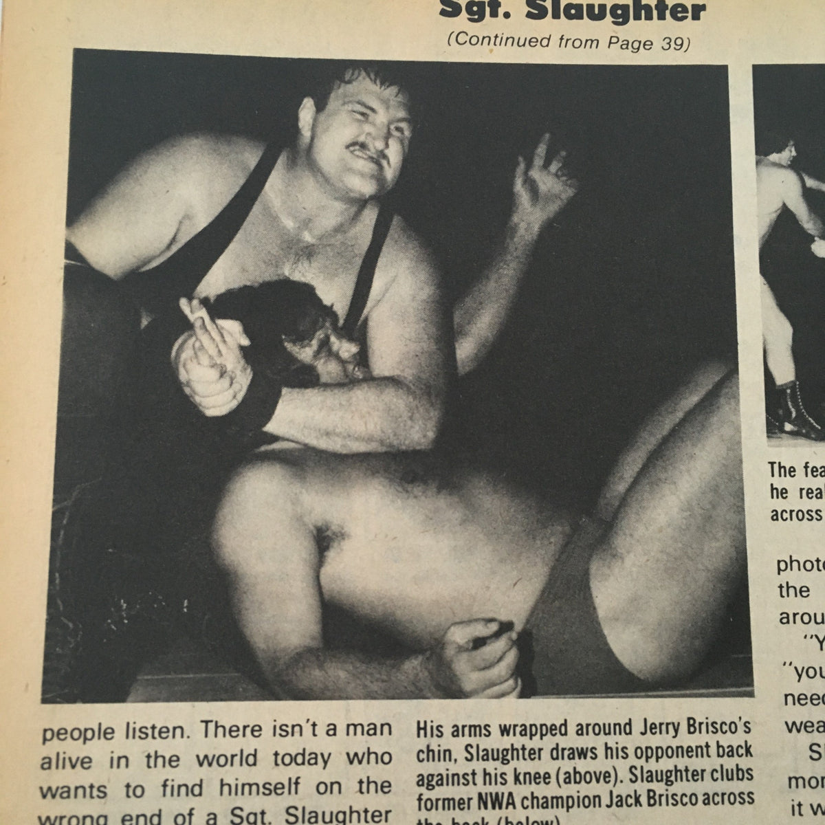 Inside page from Sports Review Wrestling Magazine Fall 1982 showing Sergeant Slaughter in action, related to a feature on wrestling.