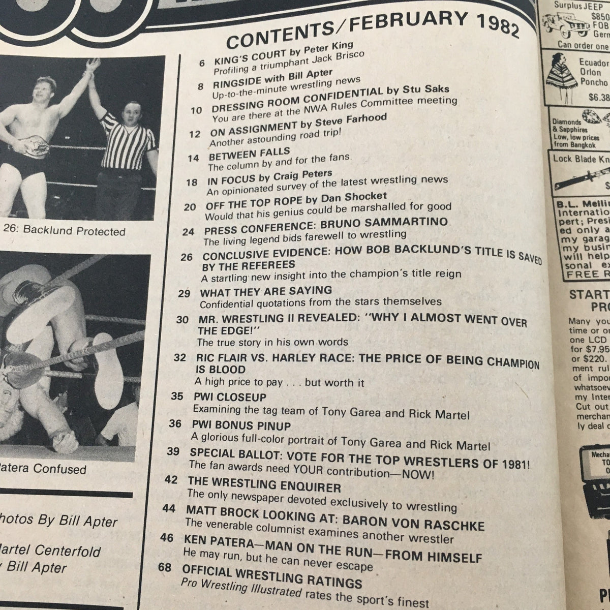 Table of contents from Pro Wrestling Illustrated Magazine February 1982 featuring articles and notable events in professional wrestling, including Ric Flair vs. Harley Race.