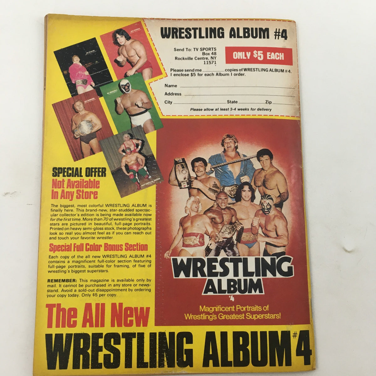Back cover of Wrestling Album #4 showcasing iconic wrestlers and a special offer for the album, connected to Pro Wrestling Illustrated Magazine February 1982.