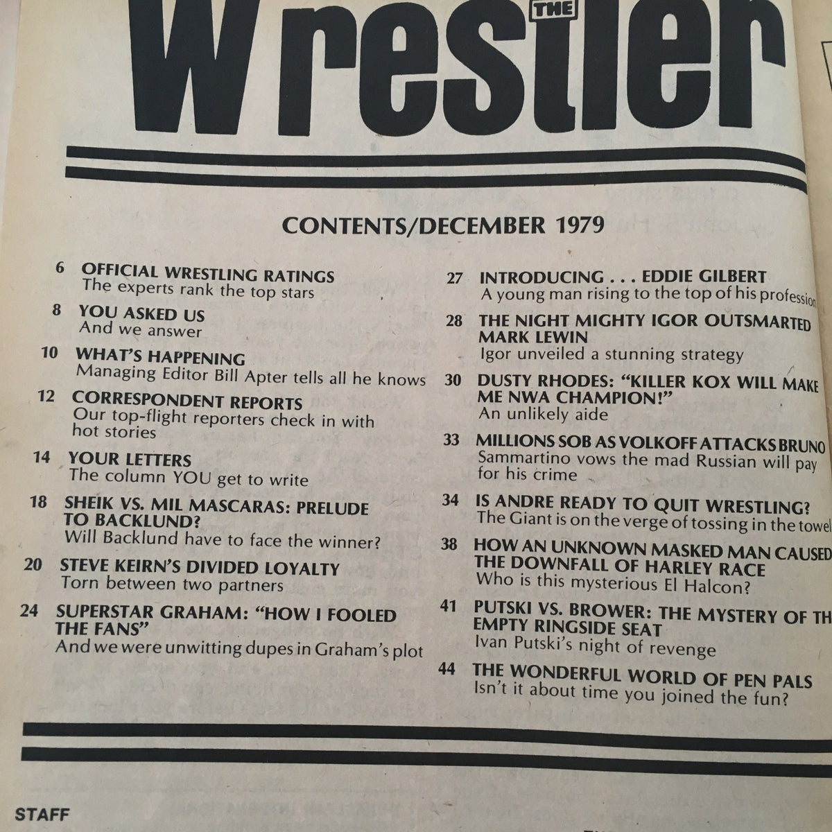 Table of contents for WWF The Wrestler Magazine December 1979, listing features including articles on wrestling stars and insights from the editor.