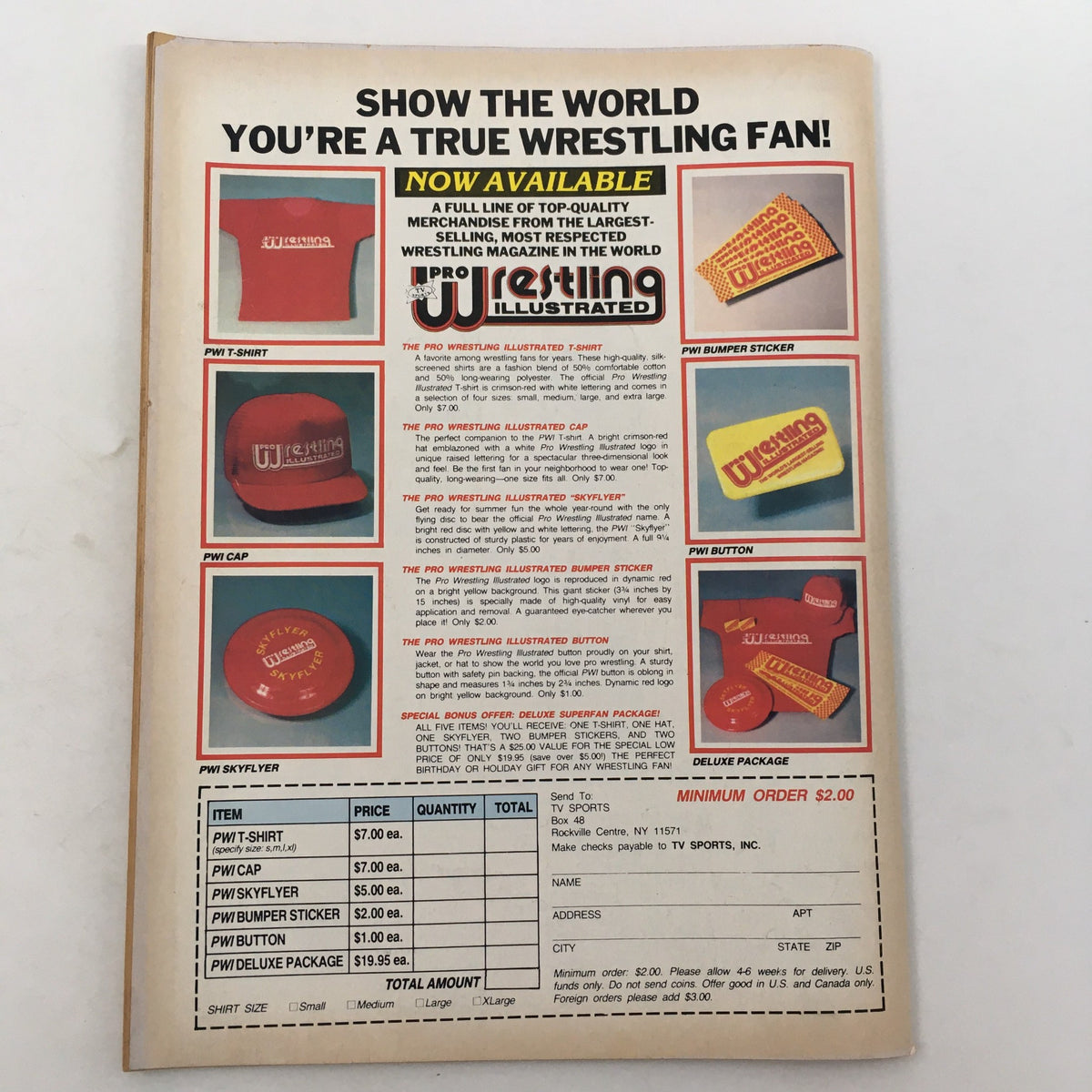 Back cover of Pro Wrestling Illustrated Magazine July 1985 advertising wrestling merchandise including caps, shirts, and bumper stickers.