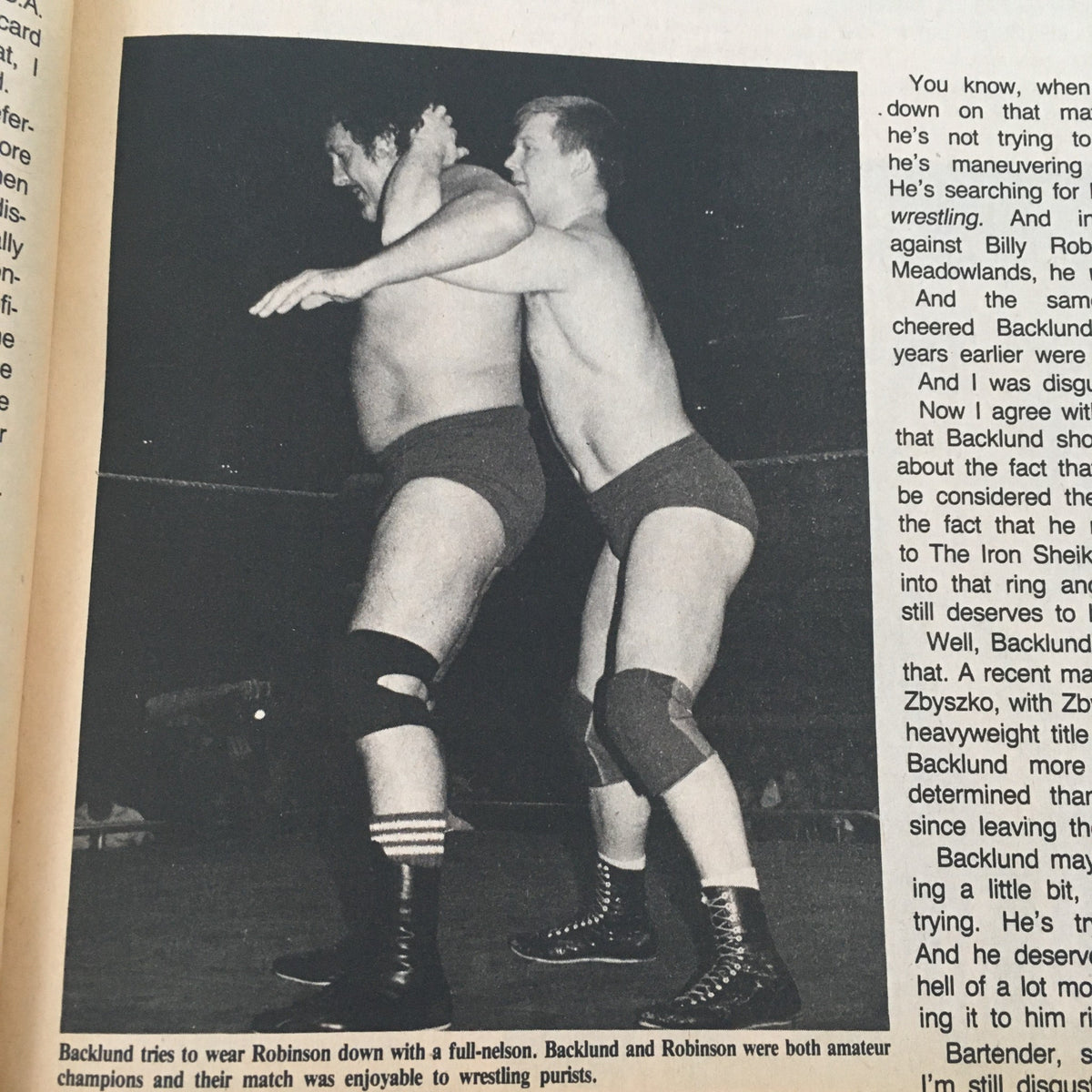 Image from Pro Wrestling Illustrated Magazine July 1985 depicting a wrestling match between Bob Backlund and Billy Robinson, illustrating classic wrestling techniques.