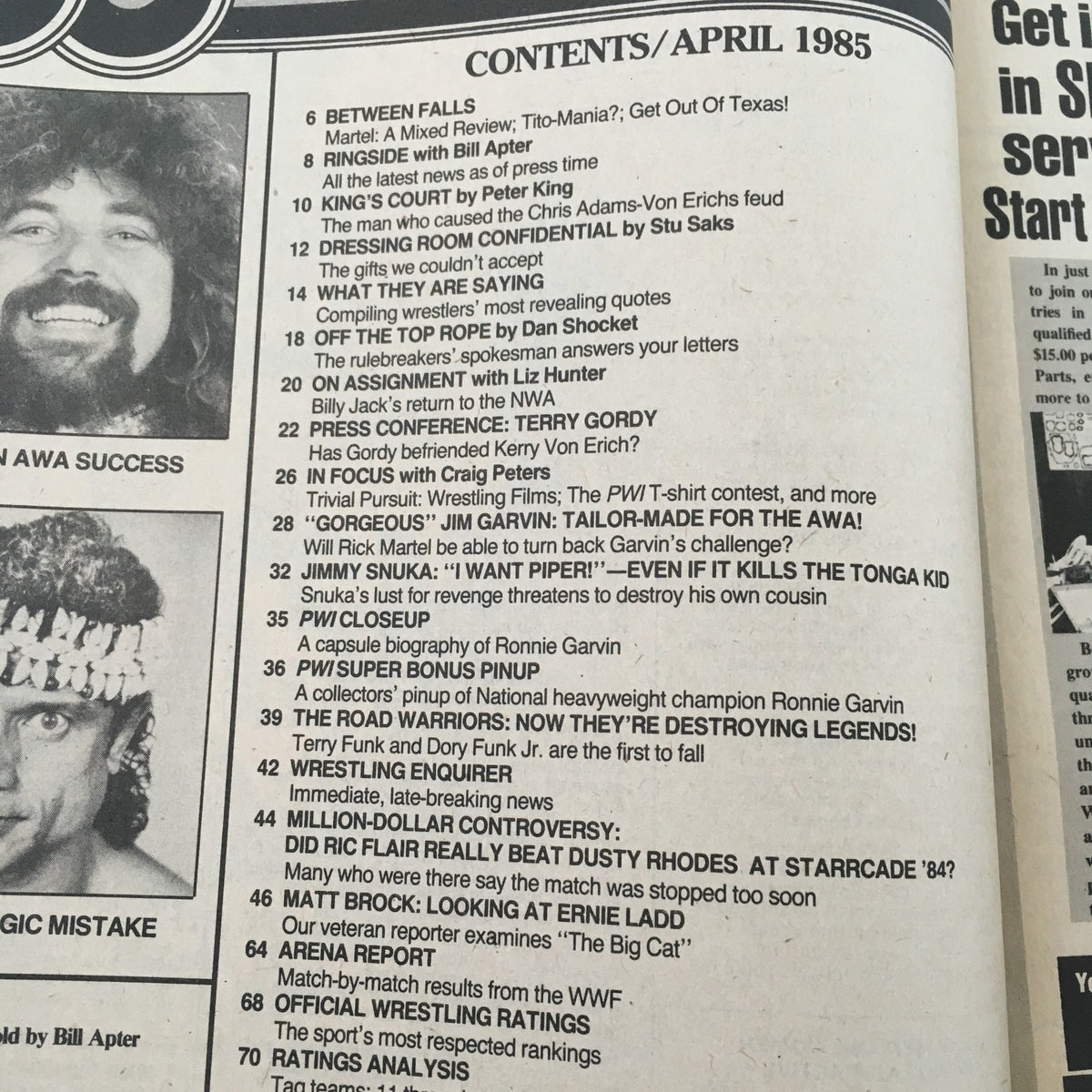 Contents page of Pro Wrestling Illustrated Magazine April 1985 featuring articles on Hulk Hogan and Jimmy Snuka.