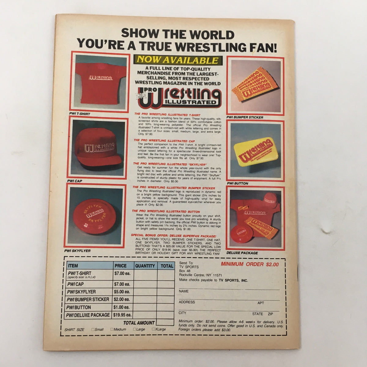 Back cover of Pro Wrestling Illustrated Magazine April 1985 showcasing available merchandise for wrestling fans.