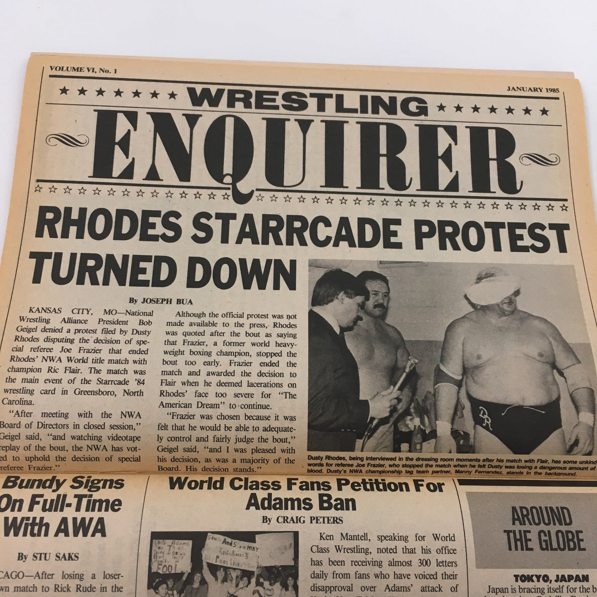Wrestling Enquirer January 1985 article titled 'Rhodes Starrcade Protest Turned Down' featuring Dusty Rhodes.