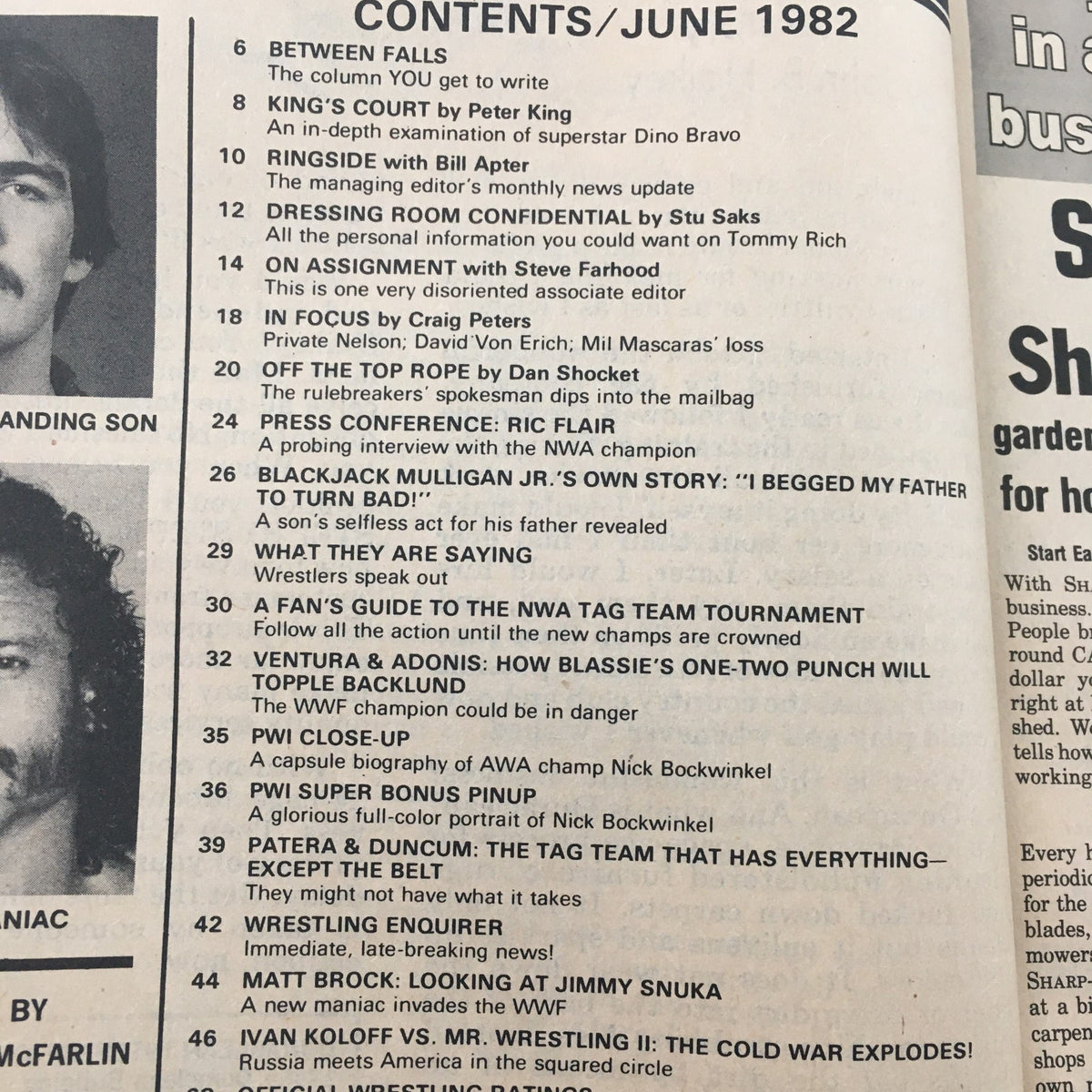 Contents page of Pro Wrestling Illustrated Magazine June 1982, detailing articles including Ivan Koloff vs Mr. Wrestling II and other wrestling topics.