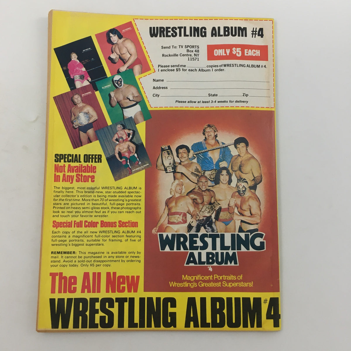 Back cover of Pro Wrestling Illustrated Magazine June 1982 promoting Wrestling Album #4, showcasing various wrestling superstars.