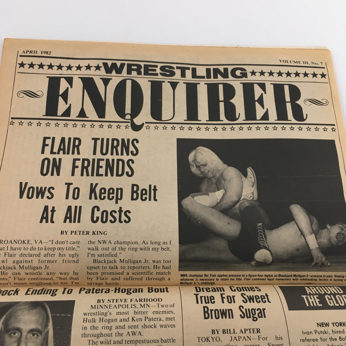 Wrestling Enquirer headline from April 1982, featuring a major story on Ric Flair and his championship challenges.