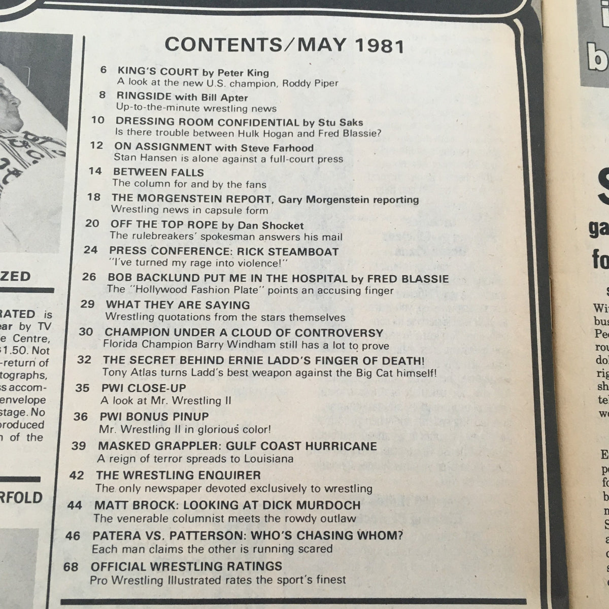 Table of contents of Pro Wrestling Illustrated Magazine May 1981, listing key articles including features on Ricky Steamboat and wrestling news of the time.