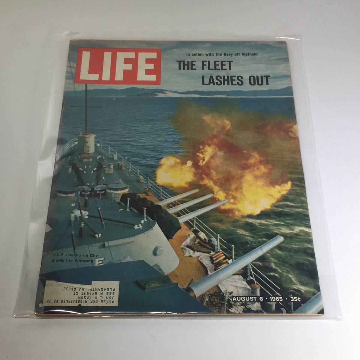 VTG Life Magazine - August 6, 1965 cover featuring U.S.S. Oklahoma City shelling the Vietcong, showcasing military action during the Vietnam War.