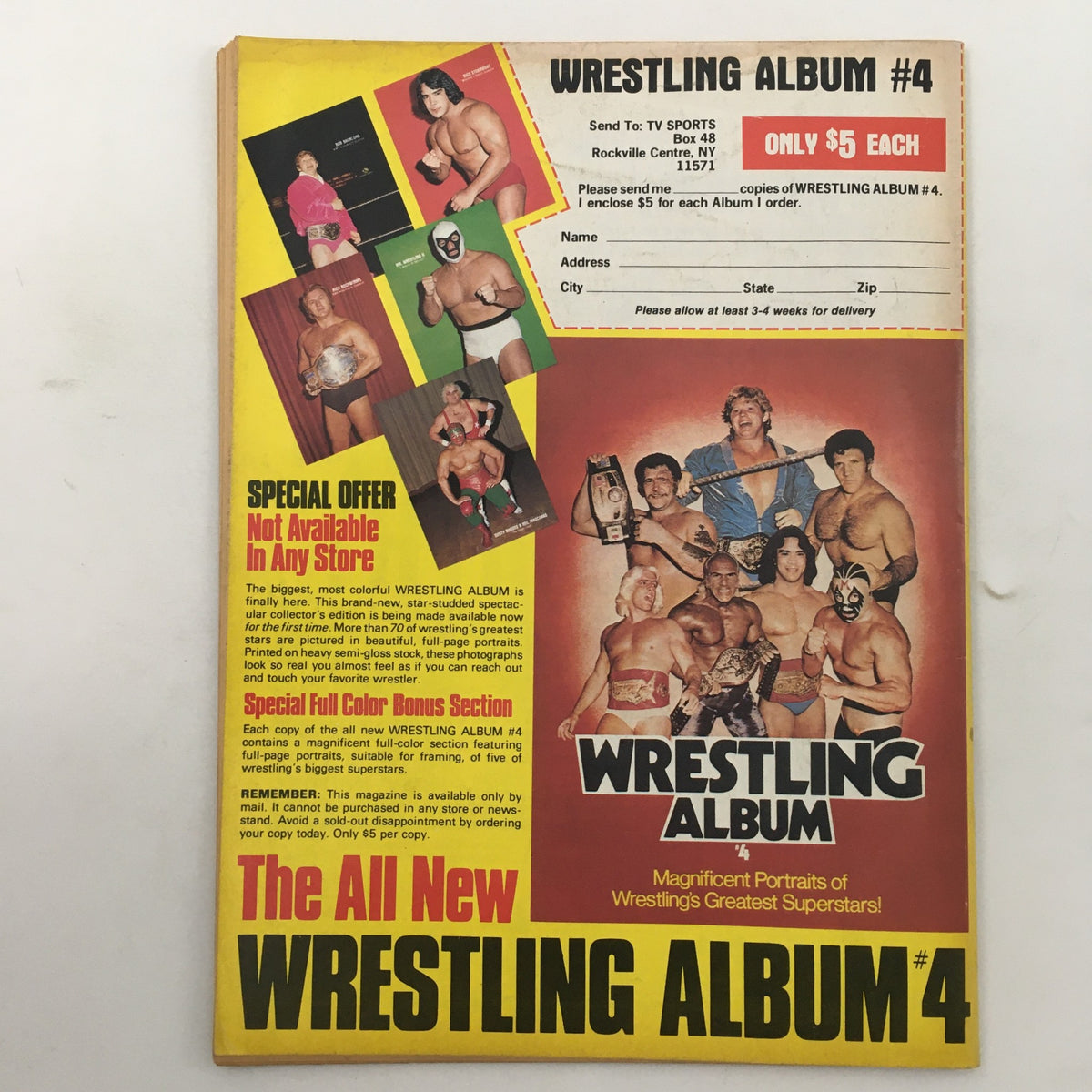 Wrestling Superstars Magazine Summer 1981 back cover showcasing Wrestling Album #4 with promotional information and images of popular wrestlers.