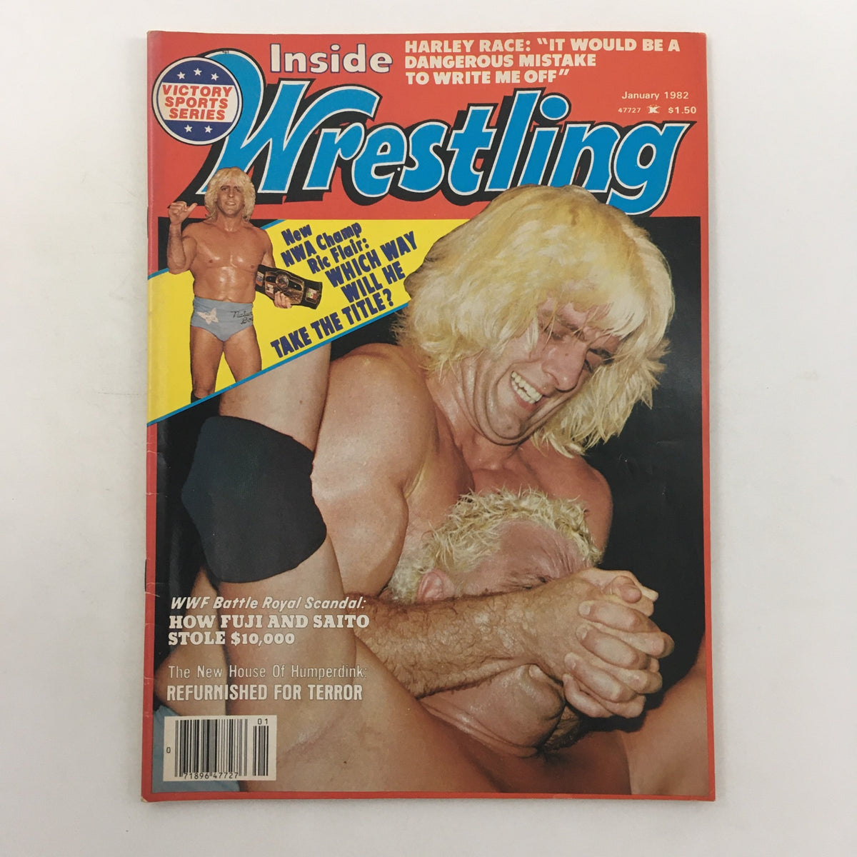 Inside Wrestling Magazine January 1982 featuring Ric Flair and Harley Race on the cover, showcasing wrestling's vibrant culture with captivating graphics and headlines.