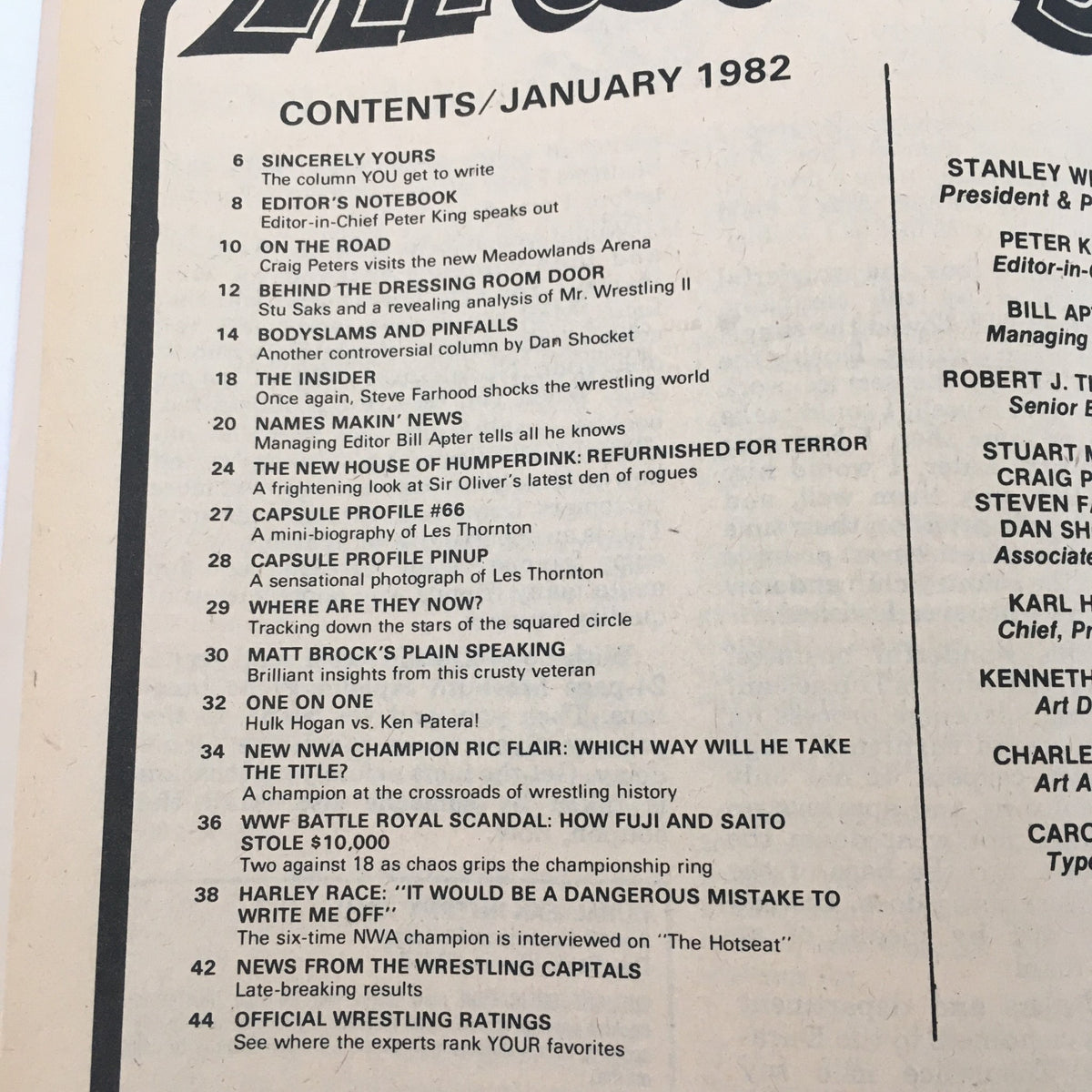 Contents page of Inside Wrestling Magazine January 1982, detailing articles including a spotlight on Ric Flair and his championship journey, as well as features on popular wrestlers.