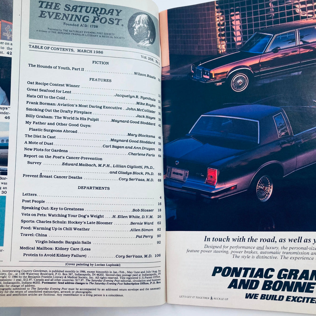Inside page of Saturday Evening Post Magazine March 1986 displaying the table of contents and features including articles on Billy Graham and American culture.